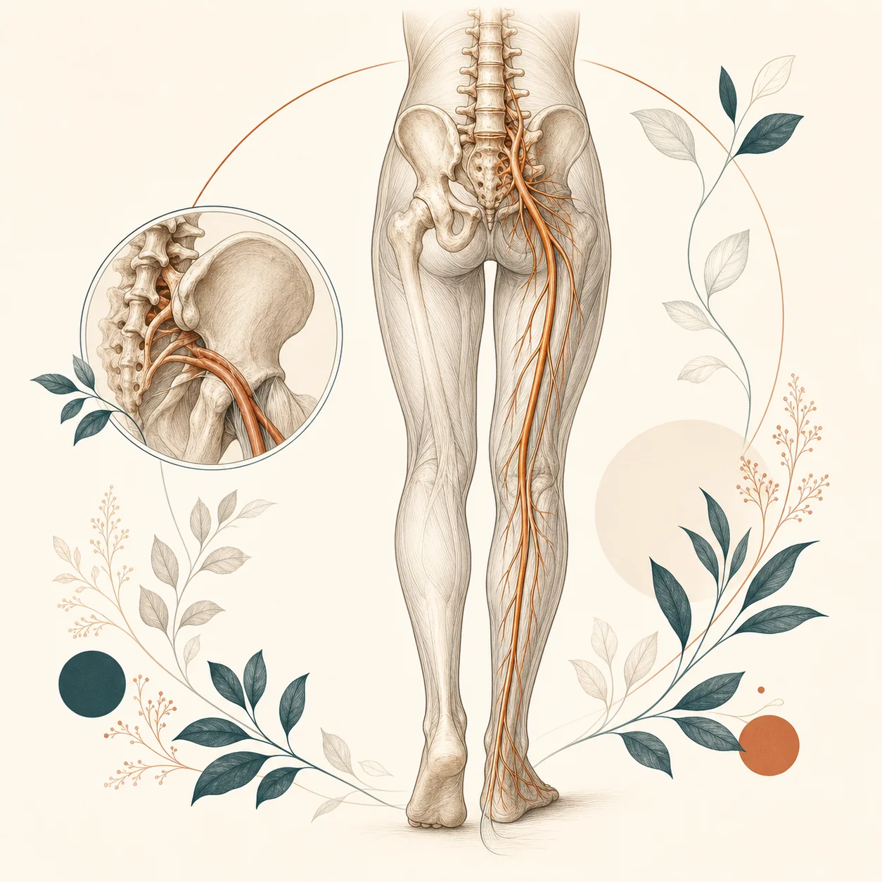 Anatomy illustration of the sciatic nerve and sciatica pain pathway, St. Louis Pain Center