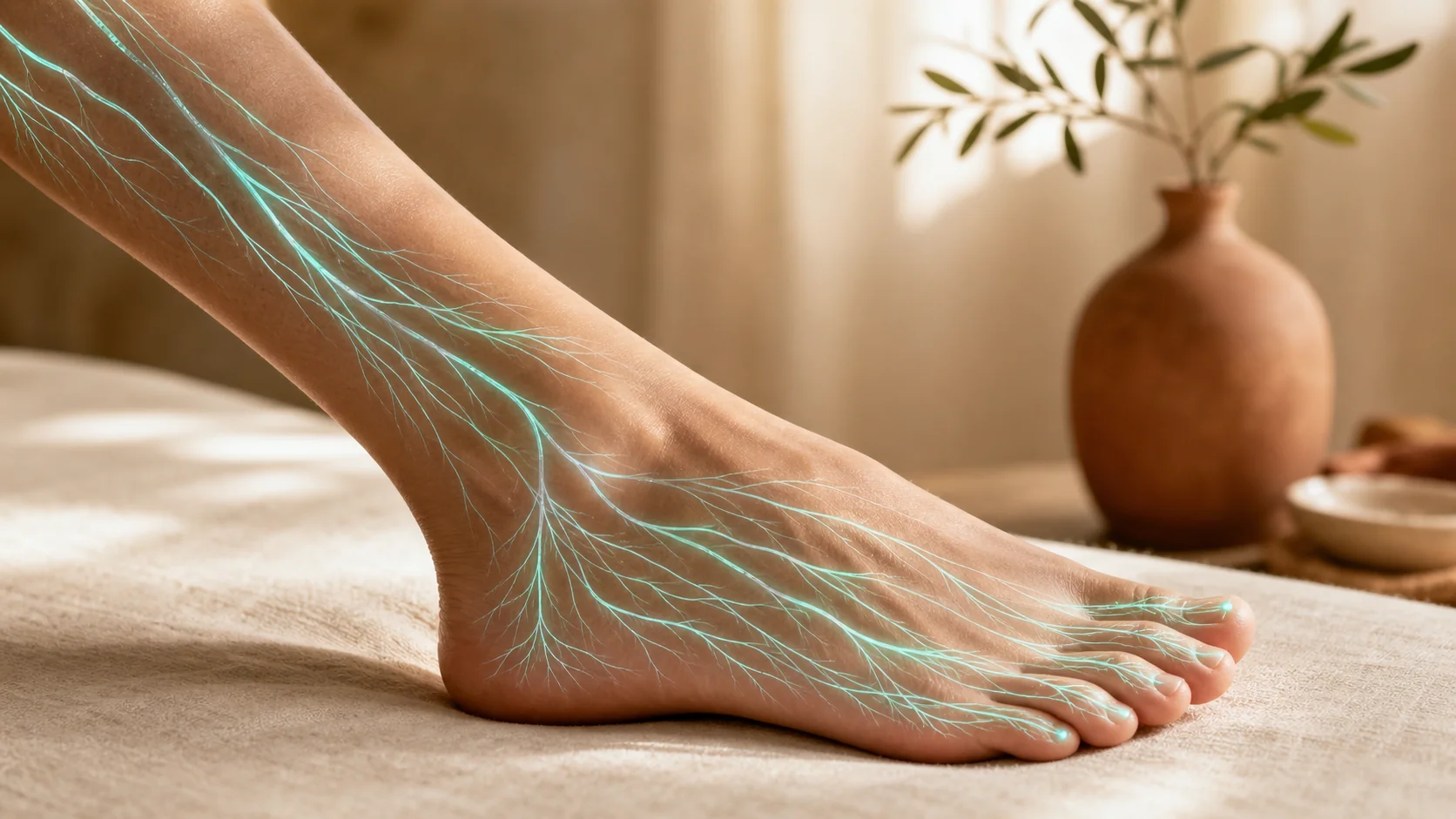 Illustration of peripheral nerve pathways running down the leg and into the foot, representing drug-free neuropathy treatment at St. Louis Pain Center in St. Louis, MO